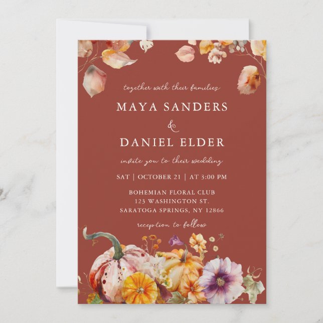 Invitation Mariage cosy aux fleurs d'automne et citrouilles (Devant)