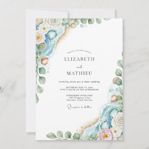 Invitation Mariage Côté Mer Bleu Poussiéreux Éthéré