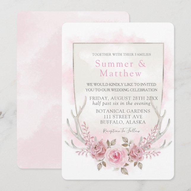 Invitation Mariage Country Pink Grey Peony Deer Antlers (Devant / Derrière)