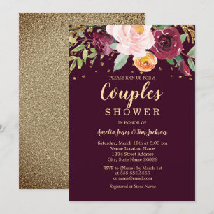 Invitation Mariage Couple Paillettes Florales Or Bourgogne