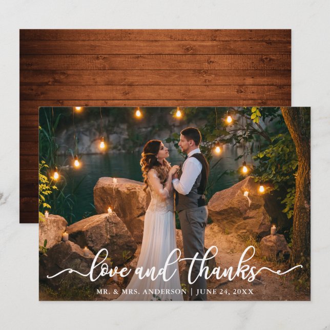 Invitation Mariage Couple Photo Love and Merci Card Wood (Devant / Derrière)