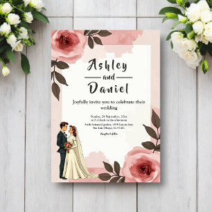 Invitation Mariage Couple Rose Pâle Floral Aquarelle Poussiér
