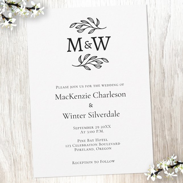 Invitation Mariage Couple Simple Monogramme Initiales Minimal (Wedding couple monogram initials simple elegant botanical wedding invitation)