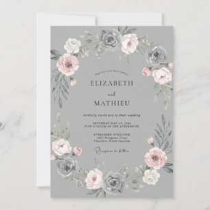 Invitation Mariage Couronne Fleurie Teinte Grise et Rose