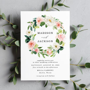 Invitation Mariage Couronne Florale Élégante Rose Pâle et Bla
