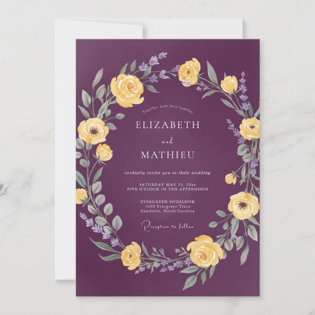 Invitation Mariage Couronne Jaune Prune (Devant)