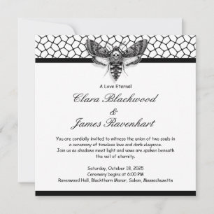 Invitation Mariage Crâne de Papillon de Nuit Gothique – Noir