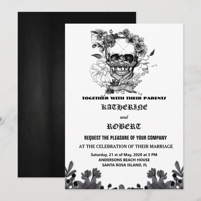 Invitation Mariage crâne Halloween Sugar gothique Floral Invi (Devant / Derrière)