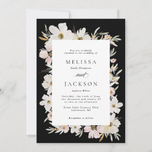 Invitation Mariage crème, bleu, noir Aquarelle Fleurs