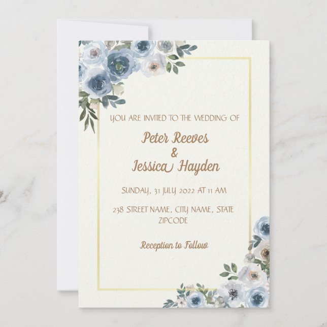 Invitation Mariage crème, bordure or et fleurs bleues (Devant)