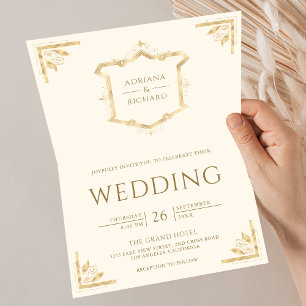 Invitation Mariage Crème de Code QR à Crête Dorée Vintage