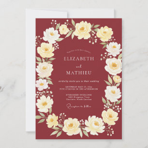 Invitation Mariage Crème Pétales Vin
