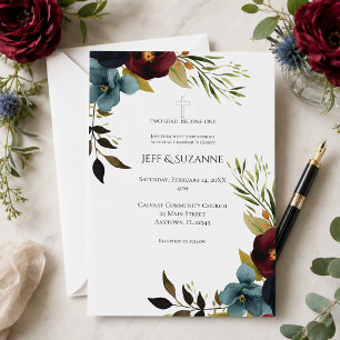 Invitation Mariage Croix Florale Bourgogne Deux En Un