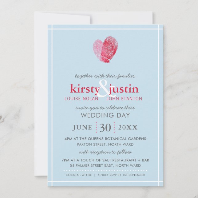 Invitation MARIAGE CUTE INVITER empreinte moderne coeur bleu (Devant)
