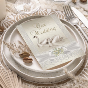 Invitation Mariage Cygnes blancs beige Broderie de perles Pho