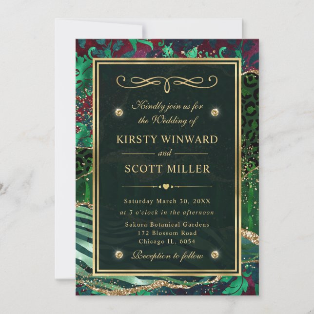 Invitation Mariage d'Agate de la Parties scintillant d'or ver (Devant)
