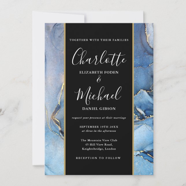 Invitation Mariage d'Agate Noir Et Bleu Or Signature (Devant)