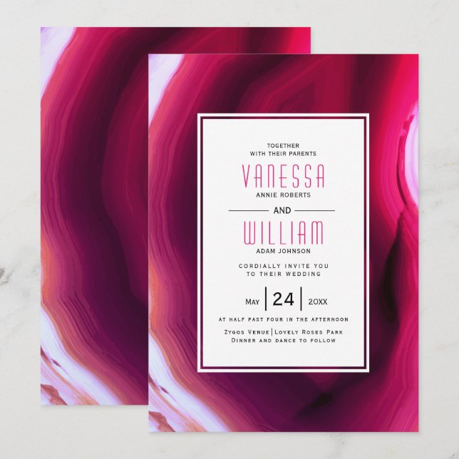 Invitation Mariage d'agate rose Fuchsia (Devant / Derrière)