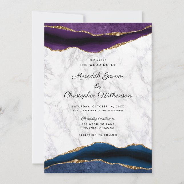 Invitation Mariage d'âge violet de la géoode dorée bleue (Devant)