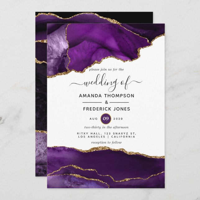 Invitation Mariage d'âge violet et or (Devant / Derrière)
