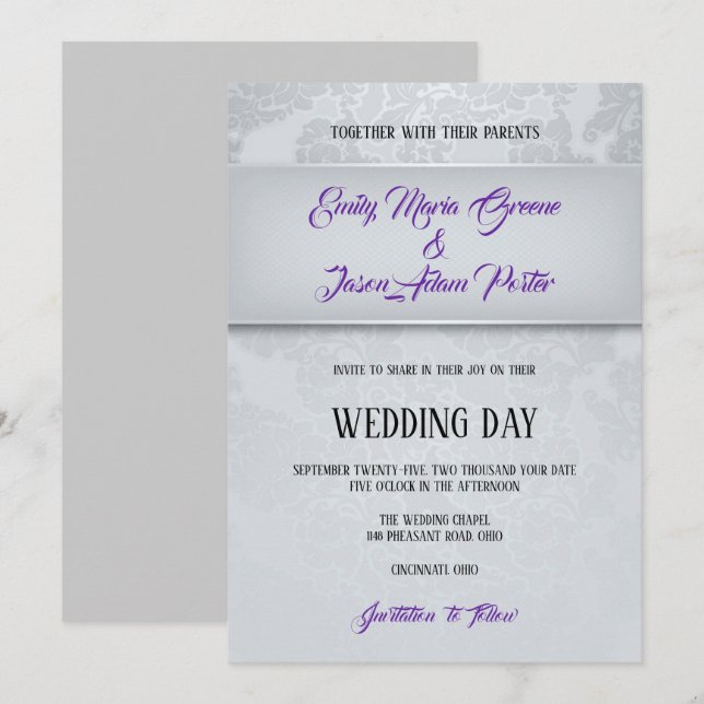 Invitation Mariage damas gris argent (Devant / Derrière)