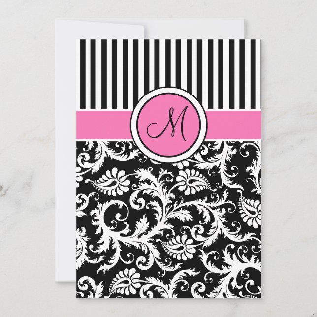 Invitation Mariage damassé blanc rose noir (Devant)