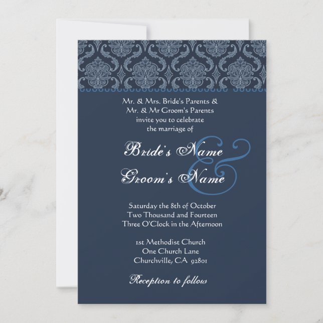 Invitation Mariage damassé bleu de minuit (Devant)