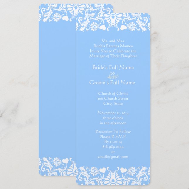 Invitation Mariage damassé bleu poudre (Devant / Derrière)