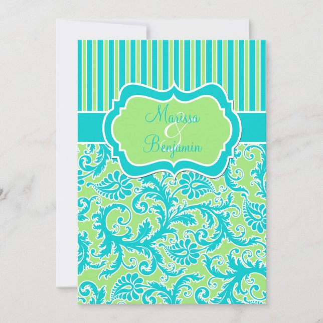 Invitation Mariage damassé bleu vert blanc rayé (Devant)