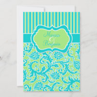 Invitation Mariage damassé bleu vert blanc rayé