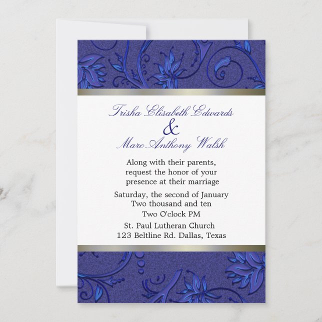 Invitation Mariage damassé de fleurs bleues (Devant)