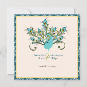 Invitation Mariage damassé des plumes de paon