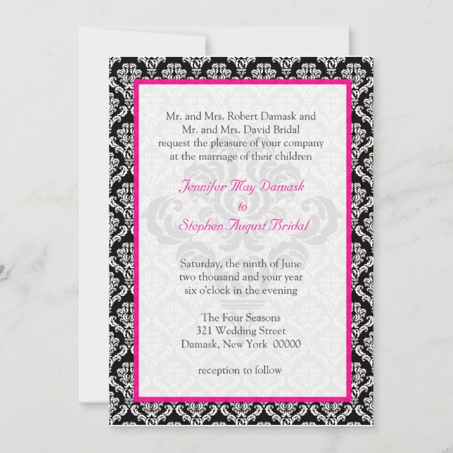 Invitation Mariage damassé Elégant Modèle noir rose blanc (Devant)