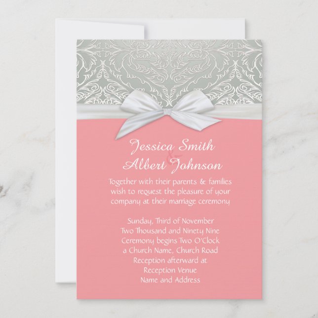 Invitation Mariage damassé en dentelle d'argent/co (Devant)