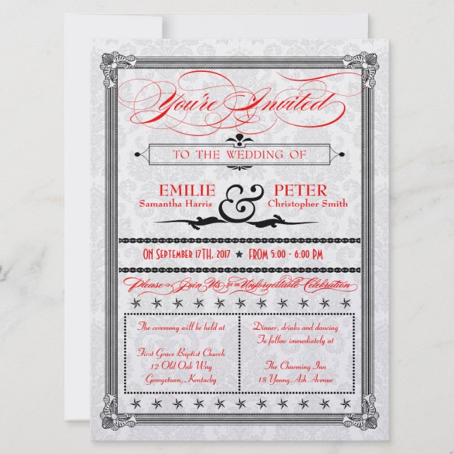 Invitation Mariage damassé en métal rouge, noir et (Devant)