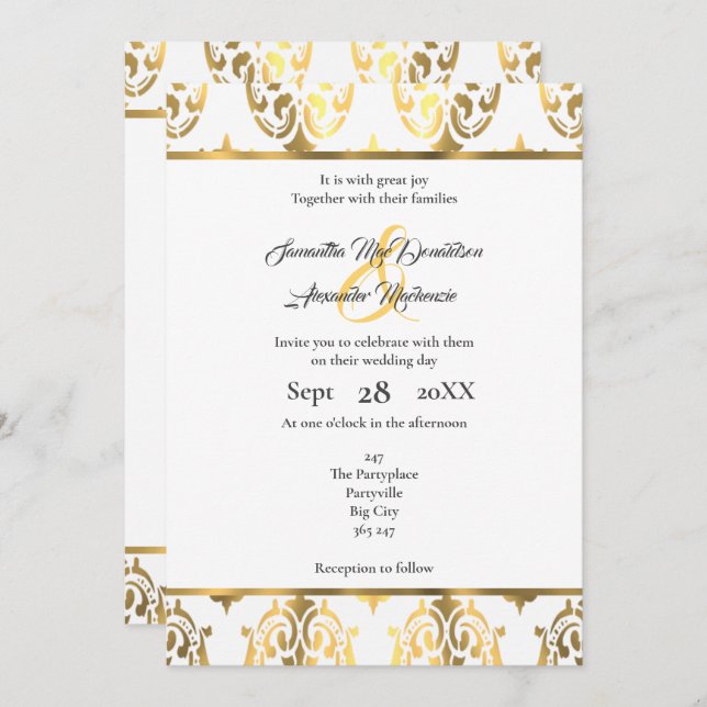 Invitation Mariage damassé en or et blanc (Devant / Derrière)