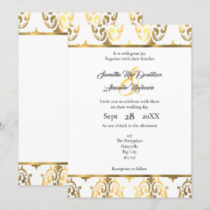 Invitation Mariage damassé en or et blanc