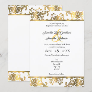 Invitation Mariage damassé en or et blanc