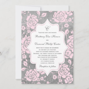 Invitation Mariage damassé Floral Blanc Gris Rose