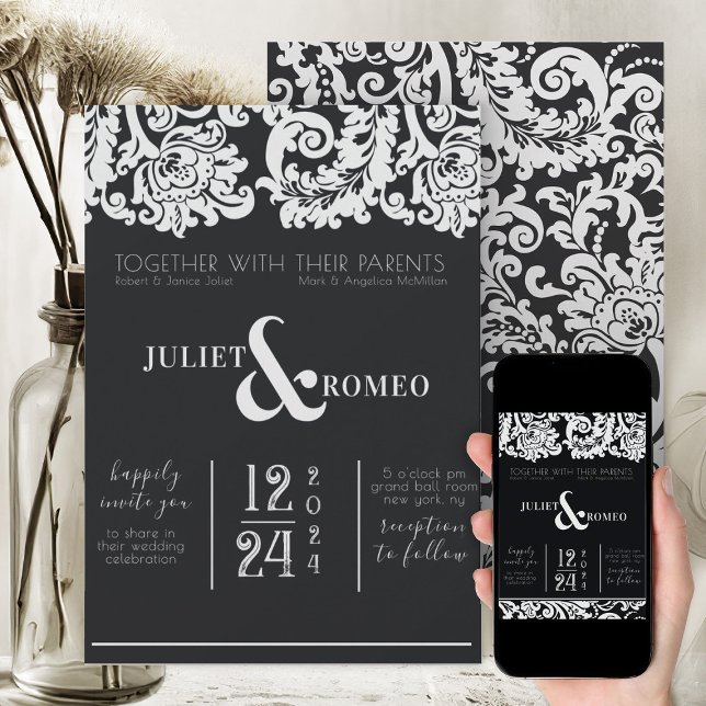 Invitation Mariage damassé florale moderne noir et blanc (elegant black and white wedding theme floral damask modern wedding invitation )
