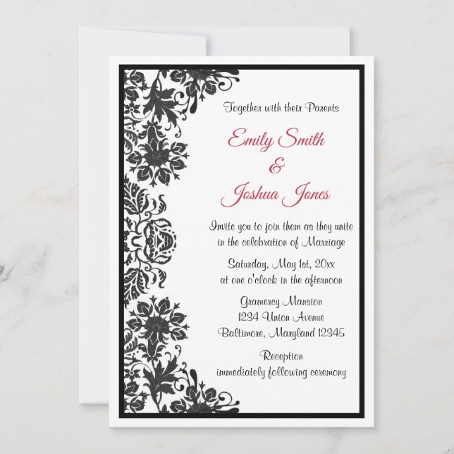 Invitation Mariage damassé florale noire et blanche (Devant)