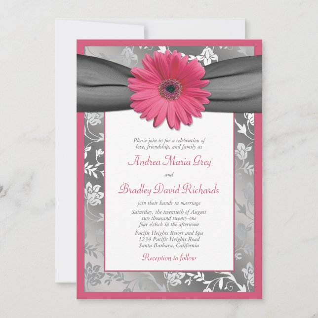 Invitation Mariage damassé florale rose et gris (Devant)
