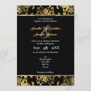 Invitation mariage damassé gothique noir et or