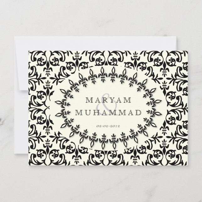 Invitation Mariage damassé islamique fiançailles fleur noire (Devant)