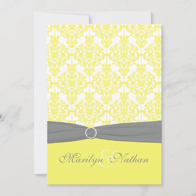 Invitation Mariage damassé jaune et gris (Devant)