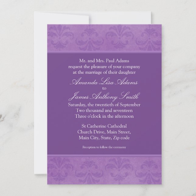 Invitation Mariage damassé lilas (Devant)