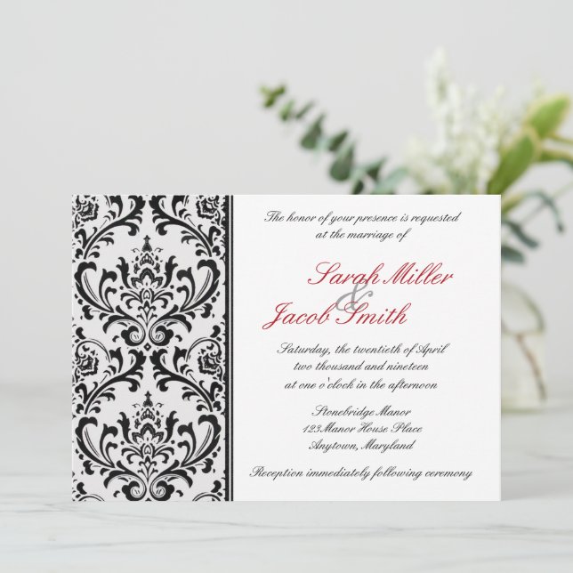 Invitation Mariage damassé moderne en noir et blanc (Debout devant)
