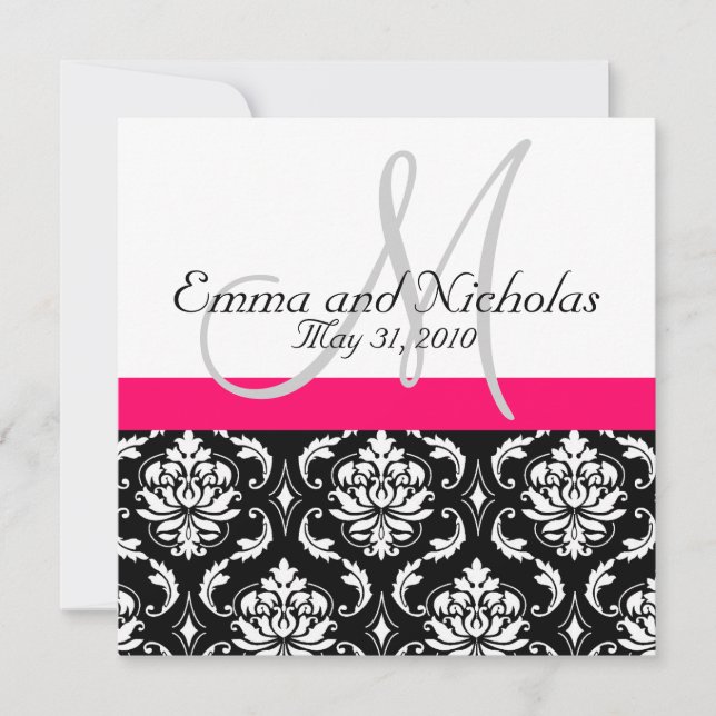 Invitation Mariage damassé Monogramme Hot PInk (Devant)