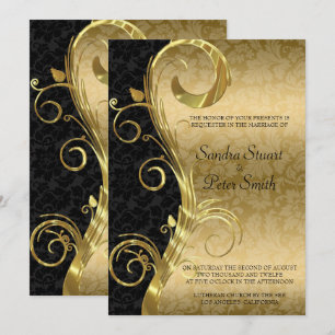 Invitation Mariage damassé noir et doré en spirale