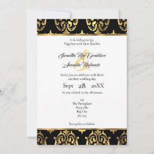 Invitation mariage damassé noire et or